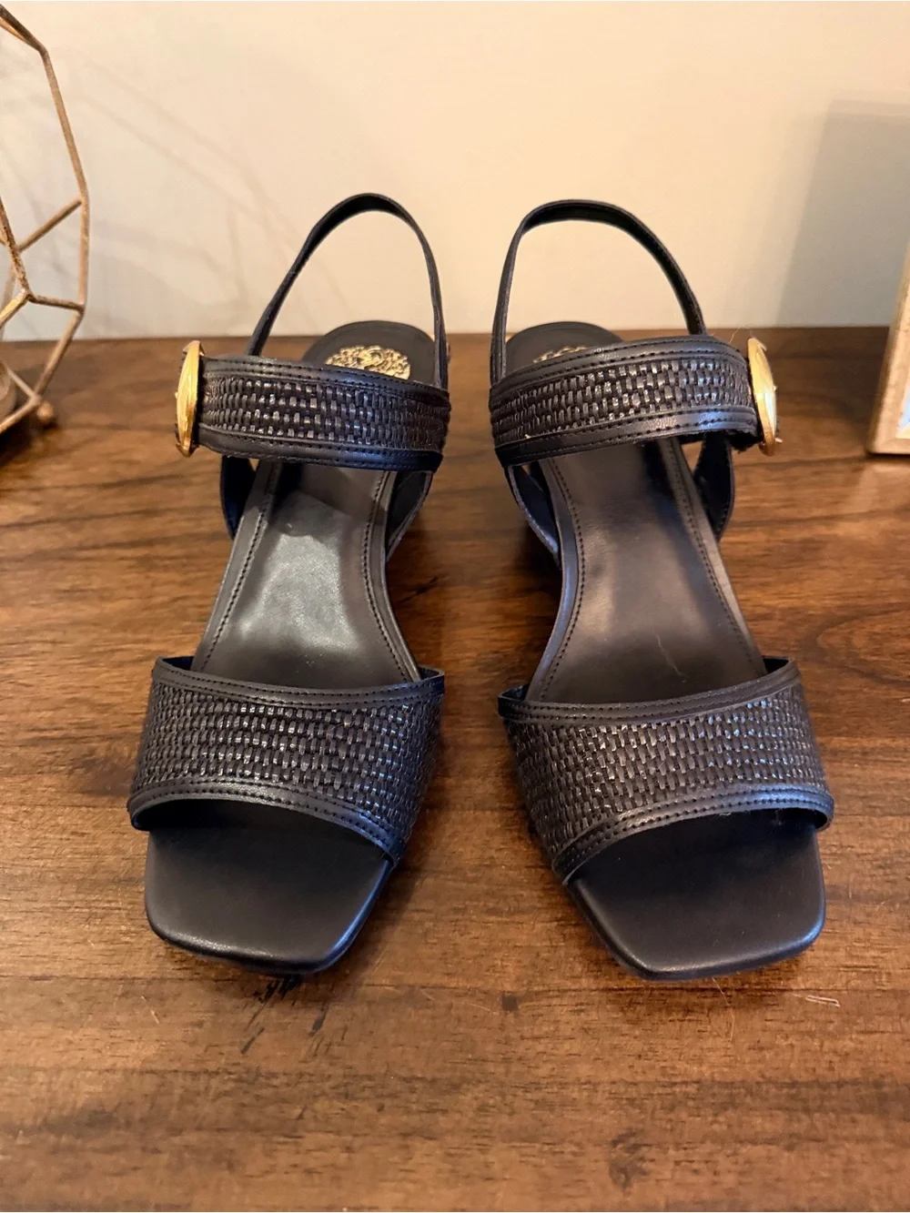 Vince Camuto Black Woven Slingback Wedge with Gold Buckle -Helcy Style